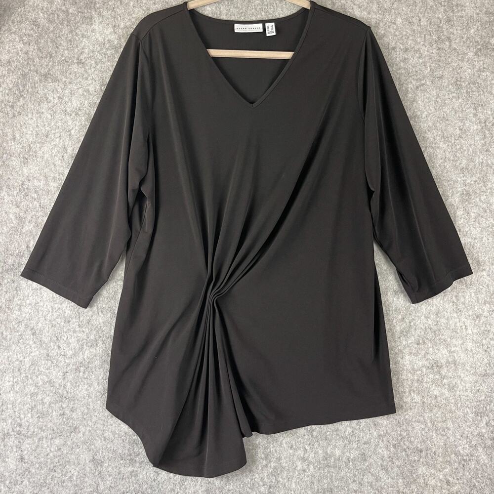 Susan Graver Liquid Knit Tunic Top Womens 1X‎ Black Gathered Front Asymmentrical